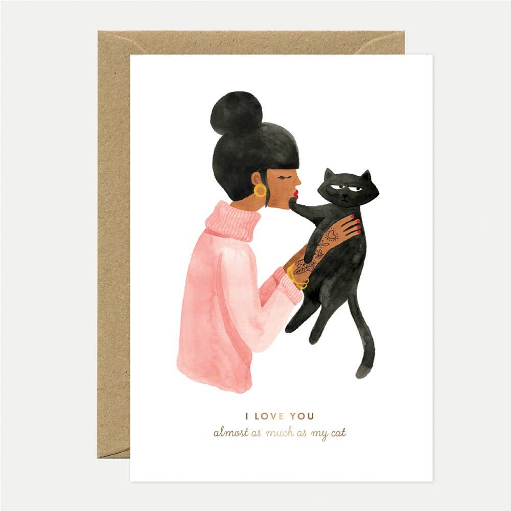 Net zoveel als mijn kat - Liefde & vriendschap Wenskaart - Goudfolie