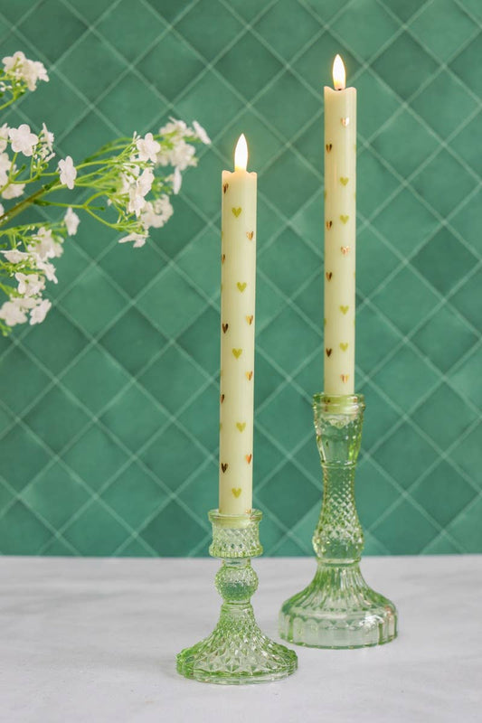 LED Pillar Candle Hearts Green - Set of 2