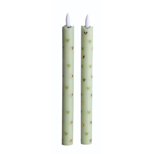 LED Pillar Candle Hearts Green - Set of 2