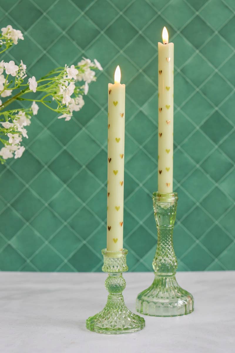 LED Pillar Candle Hearts Green - Set of 2