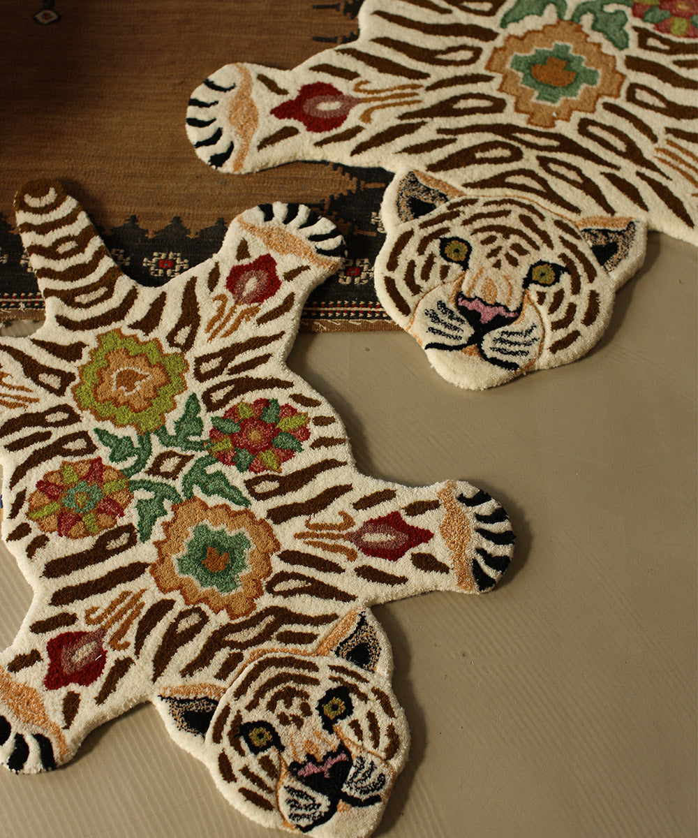 Jill Tiger Rug Small Handmade Wool with Floral Pattern